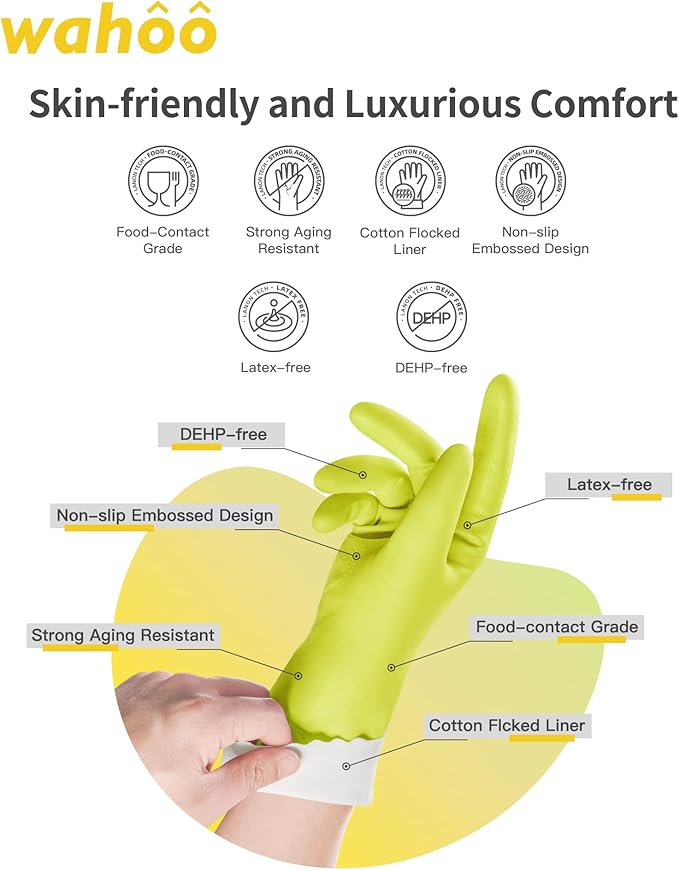 wahoo Skin-Friendly Cleaning Gloves, Cotton Flocked Lined Dishwashing Gloves, Reusable, Non-Slip, Waterproof, Bud Tender, Medium