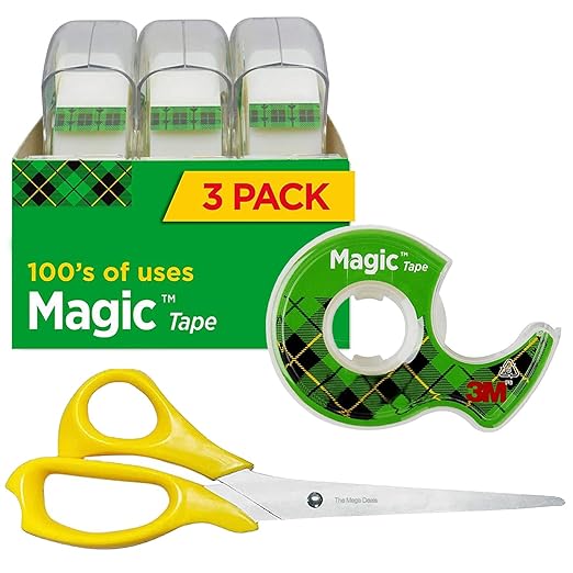 Magic Tape 3 Packs Clear Tape, Magic Tapes with Dispensers, Invisible Tape 1/2 x 450 Inches, and a 8 Inch All Purpose Scissors (Gift Pack)