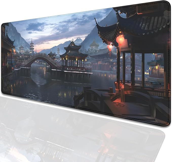 Japanese Style Ancient Pavilion Sky Mountains Extended Desk Pad Mouse Pad,Stitched Edges Non-Slip Rubber Base XL Mouse Mat Desk Mat for Office Home Work Mousepad(27.5X11.8 Inch)