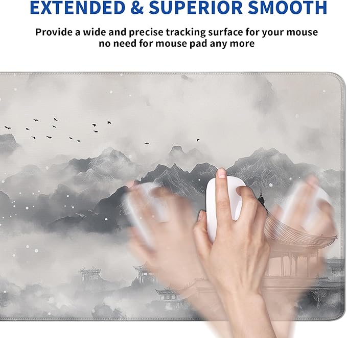 Watercolor Cherry Blossom Mouse Pad Abstract Black Mouse Pad 31.5x11.8 Inch Pagoda Texture Non-Slip Rubber Base Large Mousepad Stitched Edges Keyboard Mouse Mat Desk Pad for Office and Home