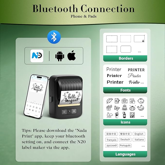Label Maker Machine with Tape, 2 Inch Portable Bluetooth Label Makers, N20 Wireless Thermal Label Printer for Small Business, Office, Home, School, Barcode Address Logo Inkless Labeler for Phone