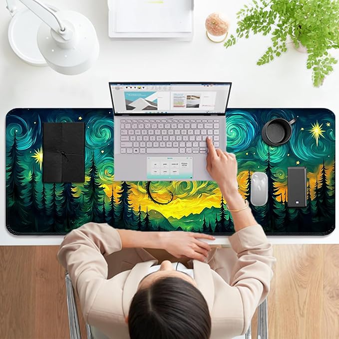 Fantasy Starry Night Forest and Dragon Gaming Desk Mat, Computer Keyboard Large Extended Long Mouse Pad for Office and Home, XL (W05)