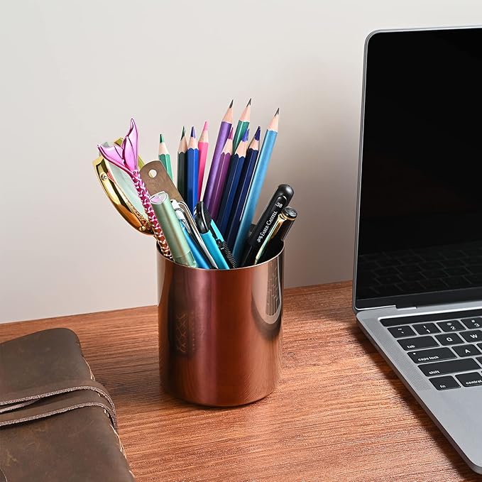 Rose Gold Pencil Holder for Desk, Stainless Steel Pencil Cup, Pen Holder Cup, Pen Pot, Vases Flower Pot, Makeup Brush Holder, Desktop Accessory Stationery Organizer
