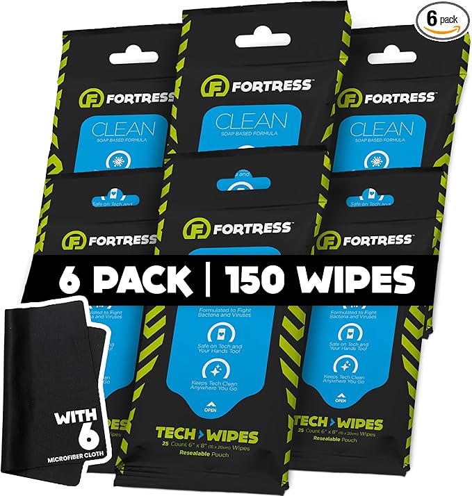 Fortress Electronic Wipes With Microfiber Cloth (25 ct, Pack of 6) To-Go Tech Wipes for Screens, Phones, Keyboards, TV Monitors, Computer Screens, and More [Travel Size] Skin-Safe