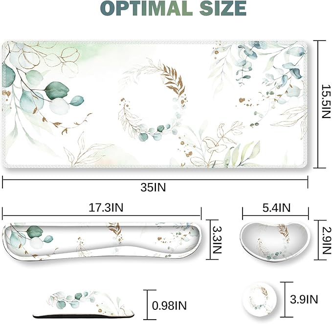 ARTSO Gaming Mouse Pad Wrist Support Set, XXL Large Desk Mat Mousepad + Keyboard Wrist Support+ Mouse Wrist Rest+Coaster 4in1 Ergonomic, Memory Foam, Stitched Edge for Home Office -Pretty Leaves