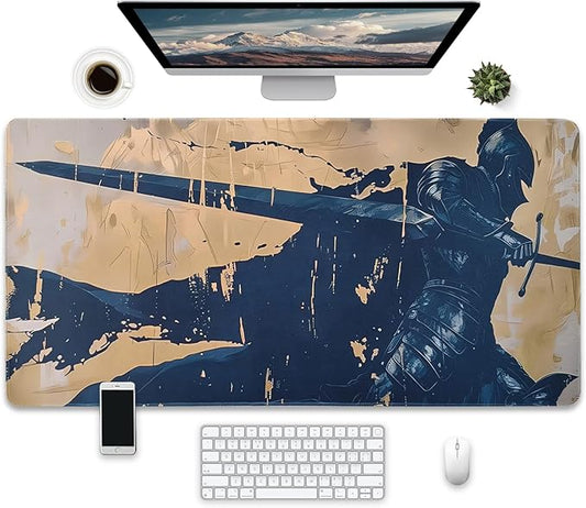 Non-Slip and Waterproof Gaming Mouse Pad, Extended XXL Desk Mat, Medieval Knight Design, Navy Blue and Beige, 31.5 x 15.7 inches, Lightweight