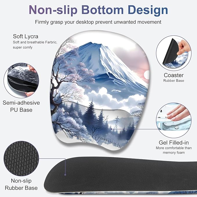4 in 1 Large Mouse Pad, Keyboard Wrist Rest Set, Ergonomic Mouse Pad with Wrist Support, Desk Mat with Stitched Edges Extended Desk Pad Waterproof Desk Mat for Home Office Game I Snowy Mountain Sun