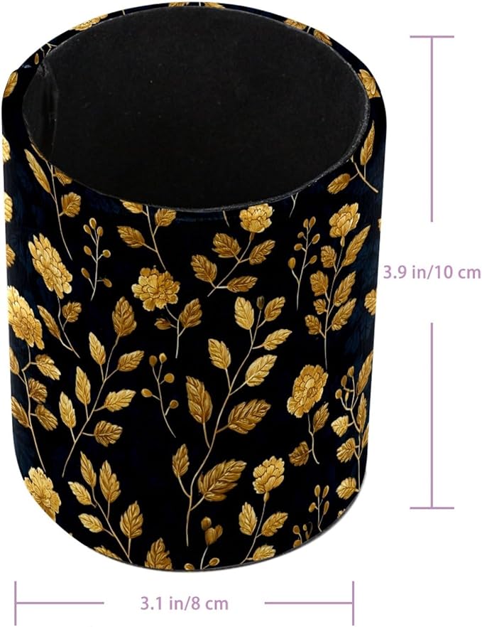 Leather Pen Holder for Desk Floral Golden Pencil Cup Desktop Organizer Makeup Brush Holders Office Supplies for Home, Kids & School