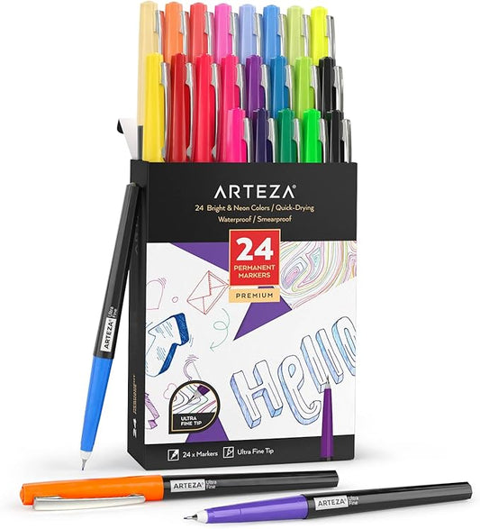 ARTEZA Permanent Markers, 24 Colors, 2-mm Line, Ultra-Fine Tip