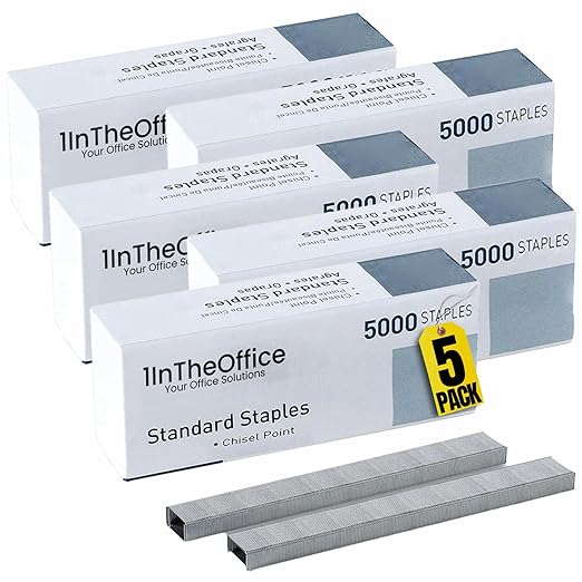 1InTheOffice Standard Staples, Staples for Stapler, Replacement Staples, 1/4" Leg Length, 5,000 Staples/Pack, 5 Pack