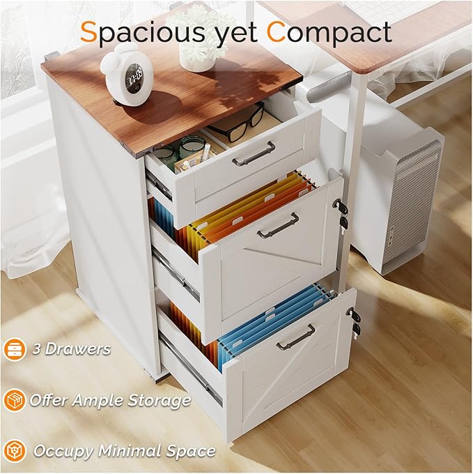 VINGLI 3 Drawer File Cabinet with Lock, Home Office Filing Organizer, for Letter Size File Folder Storage, Modern Farmhouse Style, Wood Vertical Filing Cabinet, Archivador (Rustic White & Brown)