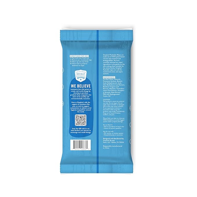 Simpleaf Flushable Wet Wipes Unscented | Plastic Free, Paraben & Alcohol Free | Hypoallergenic & Safe for Sensitive Skin | Soothing Aloe Formula | Adult Toilet Wipes (6 x 50 Counts Pack) 300 Counts