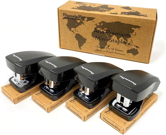 Aria Premium Mini Stapler Set by PraxxisPro - with Built-in Staple Removers, 2000 Standard Staples Included - for Office, School, and Travel (All Black)