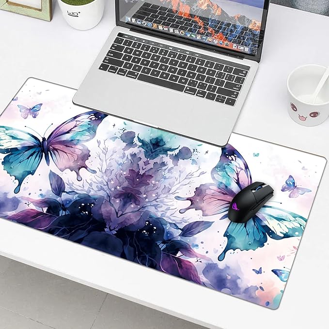 Butterfly Desk Pad Protector, Stitched Edges Mouse Pad, Large Office Desk Mat, Non-Slip Desk Blotter, Laptop Desk Pad, Desk Writing Pad for Office and Home (XXL)