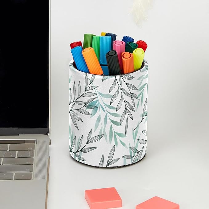 Pen Holder Gray Blue Leaves Pencil Holder for Desk Makeup Organizer Office Supplies for Home,Kids and School