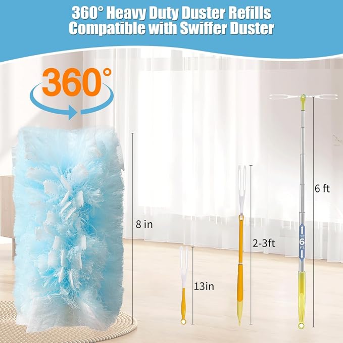 Senowi 40 Count 360° Heavy Duty Duster Refills Compatible with Swiffer,Large Size-Extra Thick Disposable Electrostatic Duster Refill with 1 Retractable Handle(35-inch Length Fully expanded)