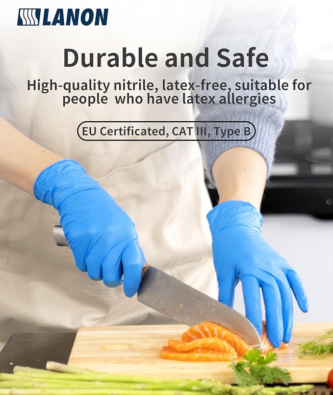LANON Disposable Nitrile Gloves, Silicone-Free, Food-Safe, Chemical Resistant, Powder-Free, Textured Fingertips, Cooking, Cleaning, Blue, Small