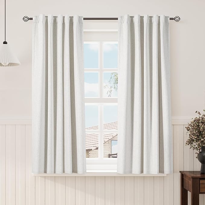 Nanspring Cream Linen Blackout Kitchen Curtains Back Tab Rod Pocket Thermal Insulated Textured Short Blackout Curtains 2 Panels Set Neutral Modern Farmhouse Room Darkening Curtain 40x63