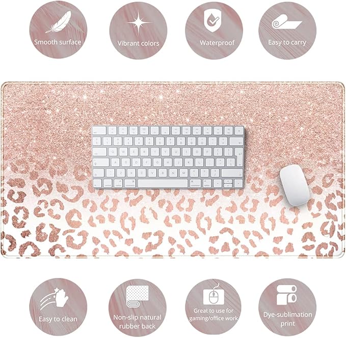 Desk Mat XXL Mouse pad, Pink Rose Gold Leopard Print Office Supplies and Accessories Decor for Women 31.5X15.75in,Stitched Edges Smooth Non-Slip Bottom, Large pad