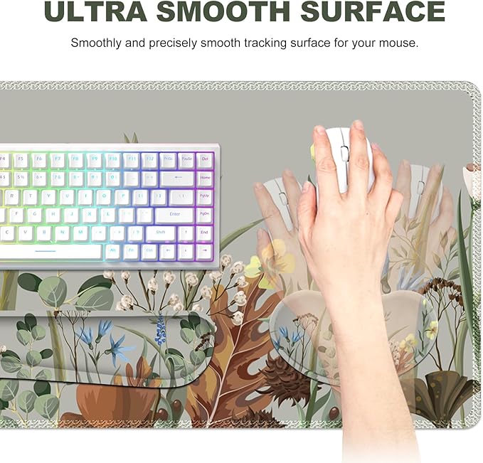 Keyboard Mouse Pad Set, Extended Gaming Mouse Pad +Keyboard Wrist Support +Mouse Wrist Rest +Coaster, 35.4x15.7 in XXL Large Ergonomic Desk Mat 4in1 Set for Home Office, Plant Flowers