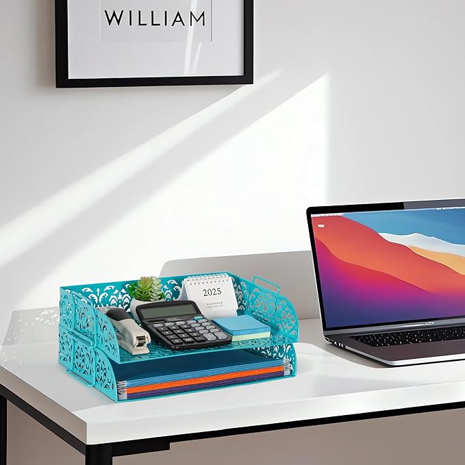 EasyPAG Paper Organizer for Desk 2 Tier Stackable Paper Tray for A4 Legal Size Folders Metal File Storage Desktop Organizer for Home Office School Teacher, Dark Teal