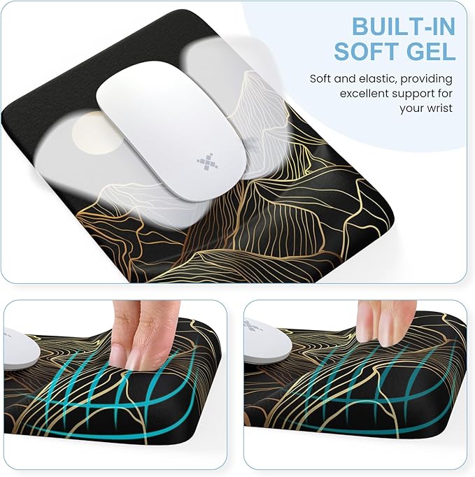 iCasso Mouse Pad with Wrist Rest,Large Desk Mat Set,Ergonomic Keyboard Pad with Wrist Support,Non-Slip Mouse Mat for Women,Cute Floral Computer Mat for Home Office Gaming (Black Gold)