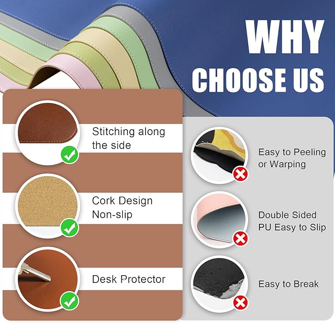 Dual-Sided Desk Pad, Natural Cork & PU Leather Mouse Pad for Desk, Desk Pad Protector, Non-Slip Desk Mat for Office and Home Work, (Brown, 23.6" x 13.7")