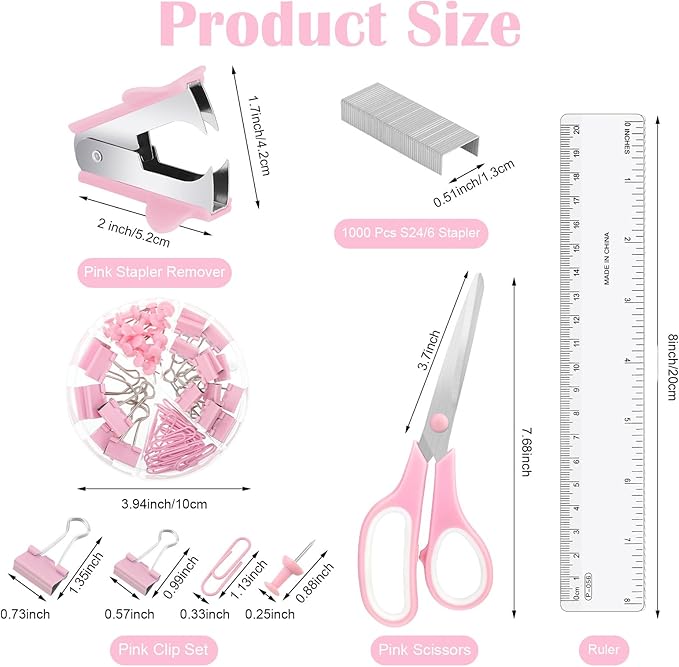 Pink Desk Organizers and Accessories, Pink Office Supplies Include Mesh Desk Organizer, Tape Dispenser, Stapler, 1000 Staples, Staple Remover, Pen Holder, Clips Set, Ruler, Scissors