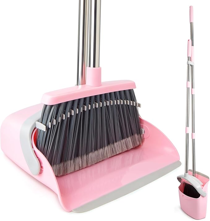 OOOFLOWER Broom and Dustpan Combo Set, Long Handle and Standing Dust Pan with Comb Teeth, Efficient Floor Cleaning for Kitchen, Outdoor, Dorm, Apartment, Office Lobby (Pink Gray)