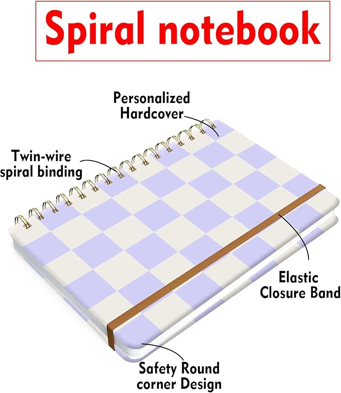 Spiral Journal Notebook for Women, Hardcover A5 College Ruled Notebook, 60 Sheet, Thick Paper, Cute Lined Journal for School, Office & Work, 6 x 8.4 in(Pastel Purple Checkered)