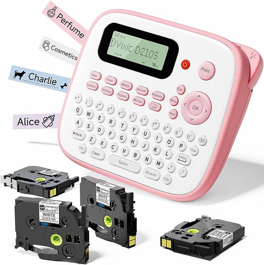 Vixic Pink Label Maker, D210S Label Maker with Tapes Waterproof, Handheld Label Makers Labeler Includes USB-C for Power, Easy-to-Read Screen, Multiple Fonts Icons Frames for Home Office Organization