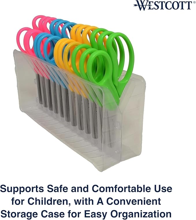 Westcott Right- & Left-Handed Pointed Scissors for Kids Ages 6+, Durable Stainless Steel Blades, Back to School Supplies, Classroom Scissors, Includes Storage Rack, 5-Inch, 12 Pack, Assorted Colors