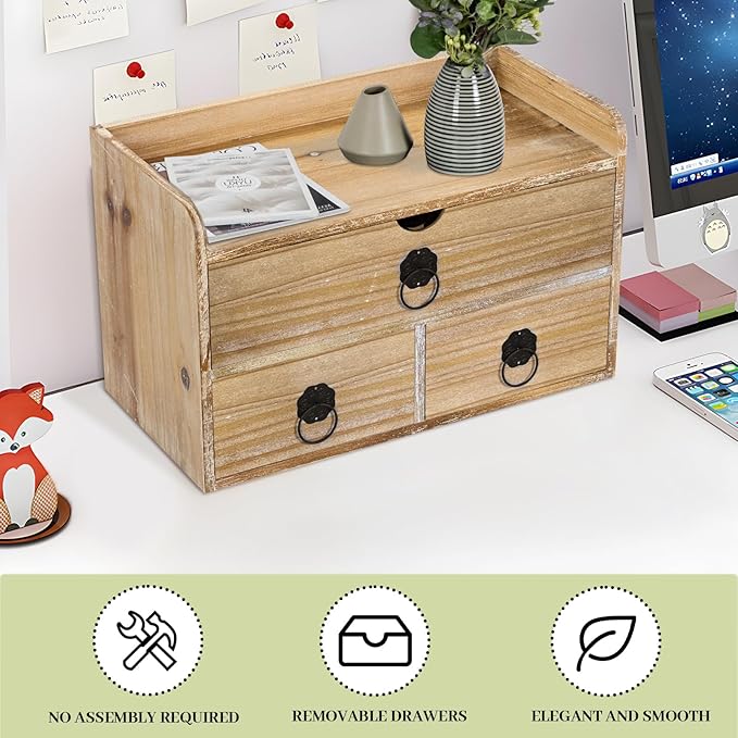 Washed White Wood Desk Organizer, Mini Desktop Organizer with Drawers, Tabletop Storage Organization for Home Office Supplies Vanity, No Assembly Required (3 Drawer and Shelf)