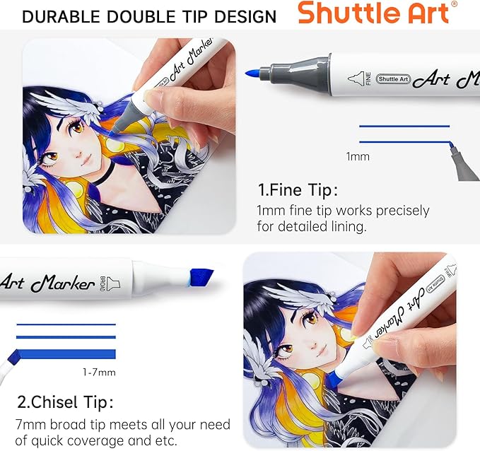 Shuttle Art 310 Colors Alcohol Markers, 309 Colors Dual Tip Art Marker Set Plus Colorless Blender, Micro-tip Pens, White Highlighter Pens, Marker Bag with Holders Perfect for Students Adults Coloring