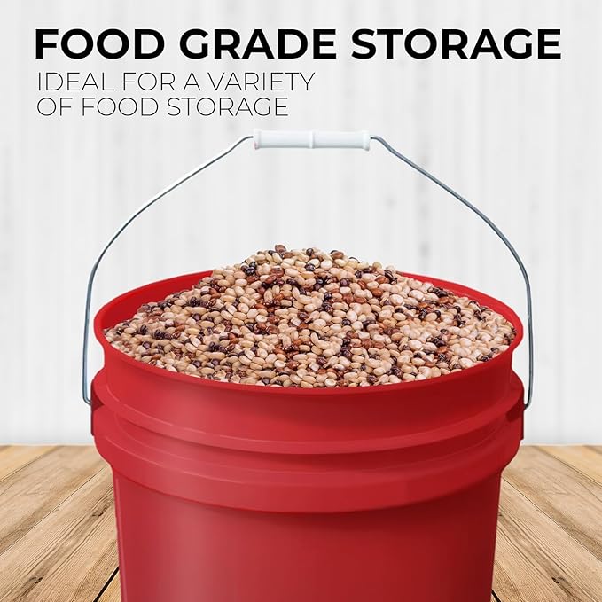 5-Gallon Red Bucket Pail with Gamma Seal Screw on Airtight Lid, Metal Handles with Plastic Grip for Easy Carrying, Easy Stack and Store, Heavy-Duty 90MIL Extra Durable, Food Grade, BPA Free - 3 Pack