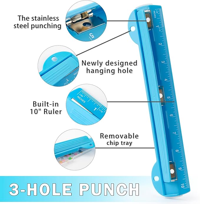 WorkLion Hole Puncher 3 Ring – Blue Portable Metal Hole Punch Single for Binder, 5 Sheet Capacity