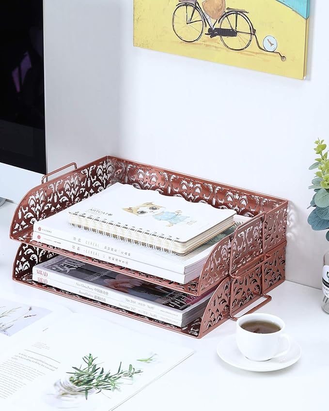 EasyPAG Paper Organizer for Desk 2 Tier Stackable Paper Tray for A4 Legal Size Folders Metal File Storage Desktop Organizer for Home Office School Teacher, Pink