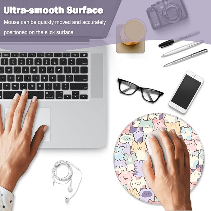 Round Cute Cat Mouse Pad, Small Kawaii Funny Cat Design Mousepad, Laptop Computer Office and Gaming Desk Mat for Girl, 7.9x7.9x0.12in(02-Cat)