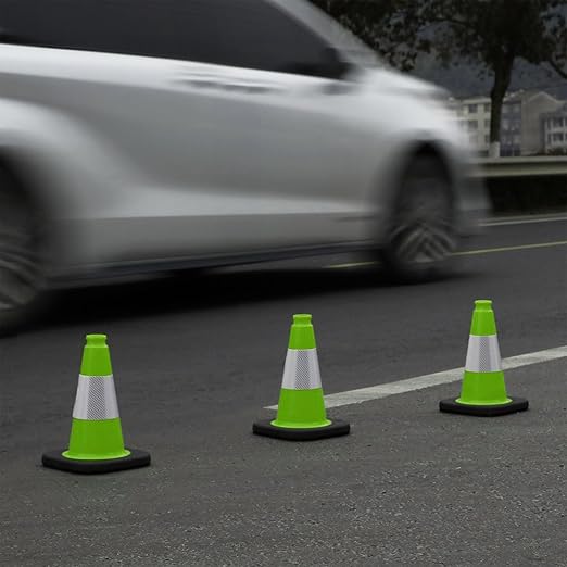 Fluorescent Orange/Green PVC Traffic Cones, Heavy Black Base Parking Lot Cone Structurally Stable Weatherproof Road Construction Safety Cones (8, Green, 12" Small)