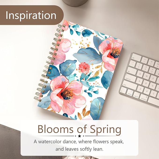 Cute Spiral Notebook journal A5 Aesthetic Pretty Floral Design for Women Girls Kawaii with Pocket, 8.5 x 5.7 inch, Pink Peony