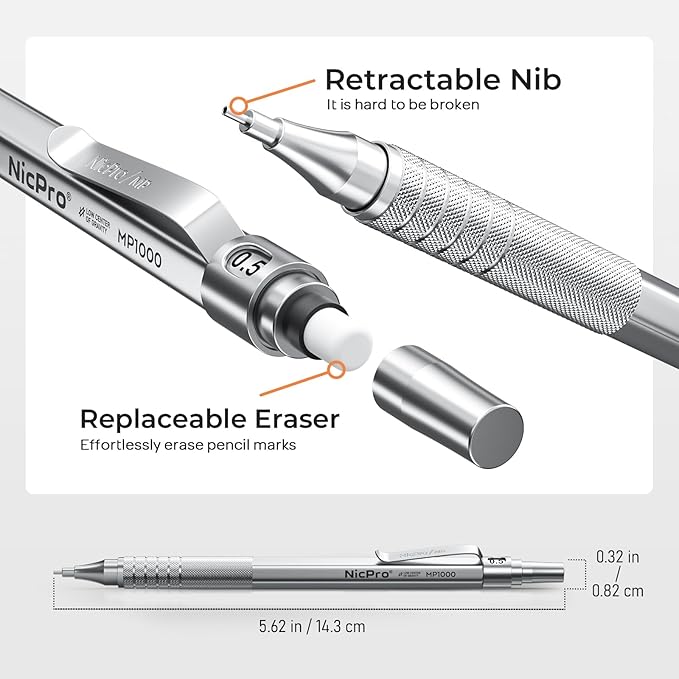 Nicpro 2 PCS Mechanical Pencils 0.5mm & 0.7 mm with Case, MP1000 Metal Artist Pencil Set with 6 Tubes HB Lead Refills, 3 Erasers, 9 Eraser Refills For Art Writing Drafting Drawing, Black & Silver