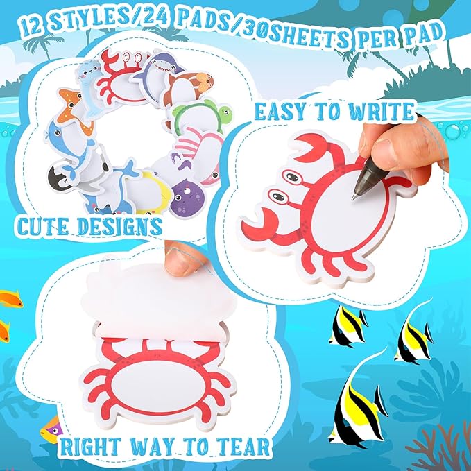 Yinder 24 Pads Cute Sticky Notes Kawaii Fun Animal Sticky Notes Pads Bulk Cartoon Memo Self Adhesive for Veterinary Gift Office School Tab Party Supplies(Ocean Animals)
