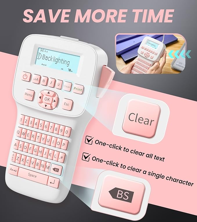 Vixic Pink Label Maker, Rechargeable Label Makers with Keyboard, Handheld Label Maker Machine with Bluetooth Backlit Large Display LM1600, Portable Labeler for Home & Office Organization School Kids
