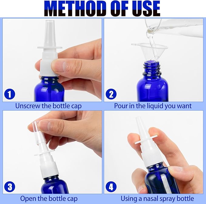 80 Pcs Nasal Spray Bottle Empty, Blue Glass Refillable Fine Mist Nasal Spray Bottles with 16 Funnels and 16 Labels (30ML/1oz)