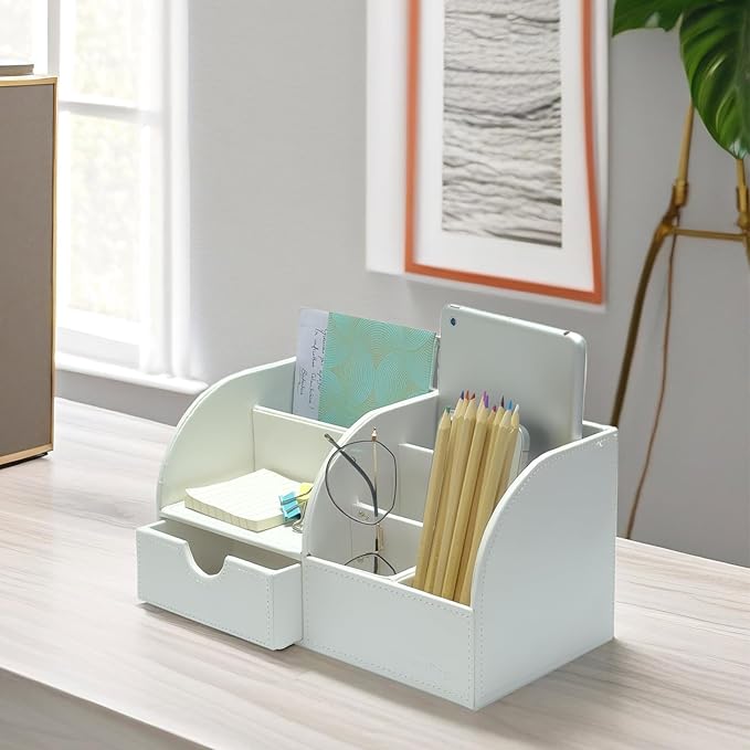 UnionBasic Office Desk Organizer - Multifunctional PU Leather Desktop Storage Box - Business Card/Pen/Pencil/Mobile Phone/Stationery Holder, White