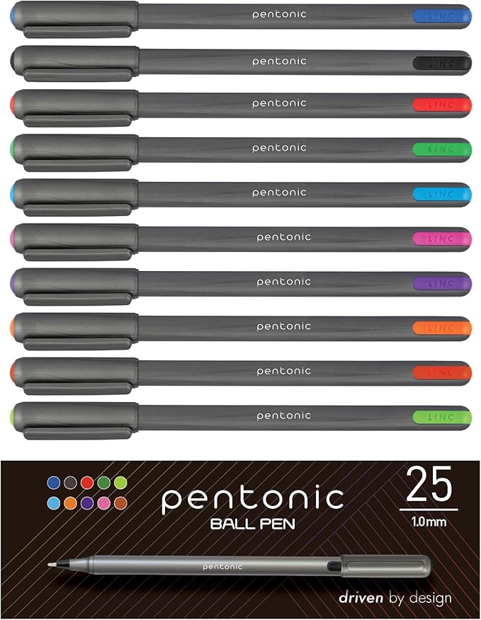 Pentonic Ballpoint Pens, 25 Count, 10 Assorted Ink Colors, 1.0 mm Medium Point, Smooth Writing For Journaling & Note Taking (PEN12127)