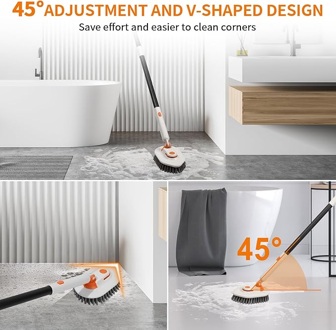 Tub Scrubber Brush with Long Handle, 3-in-1 Non Scratch Shower Scrubber Brush & 5 Detachable Replacement Brush Heads for Cleaning Bathroom, Tiles, Tub, Floor and Surfaces