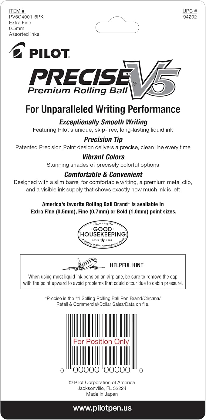 Pilot Precise V5 Capped Liquid Ink Rollerball Pens, Extra Fine Point Ink Pens 0.5 mm, Colored Pens, Assorted Colors, Pack of 4 - Ideal for School, Journaling, & Office Writing