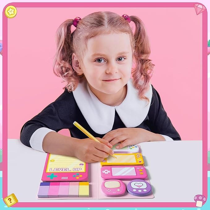 B1ykin Sticky Notes Set, Cartoon Theme Cute Self-Stick Notes Pad Teacher Appreciation Gifts， Self-Adhesive Writing Memo Pages Sticky to Do Notepad for Employee School Office (Pink Video Game)