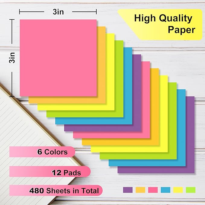 OHOME Sticky Notes - 12 Pads, 3”x3” - Colorful Self-Stick Post Notes Bulk - Office Desk Accessories | Teacher Classroom Must Haves,Aesthetic School Supplies for Home,Stocking Stuffers for Women